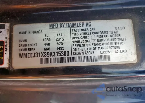 2009 Smart Fortwo Pure из США, поврежденный, VIN WMEEJ31X39K315300